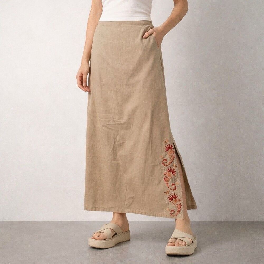 Vtg Susan Bristol Womens 10 Skirt Maxi Slit Embroidery Beads Khaki‎ Y2K Boho